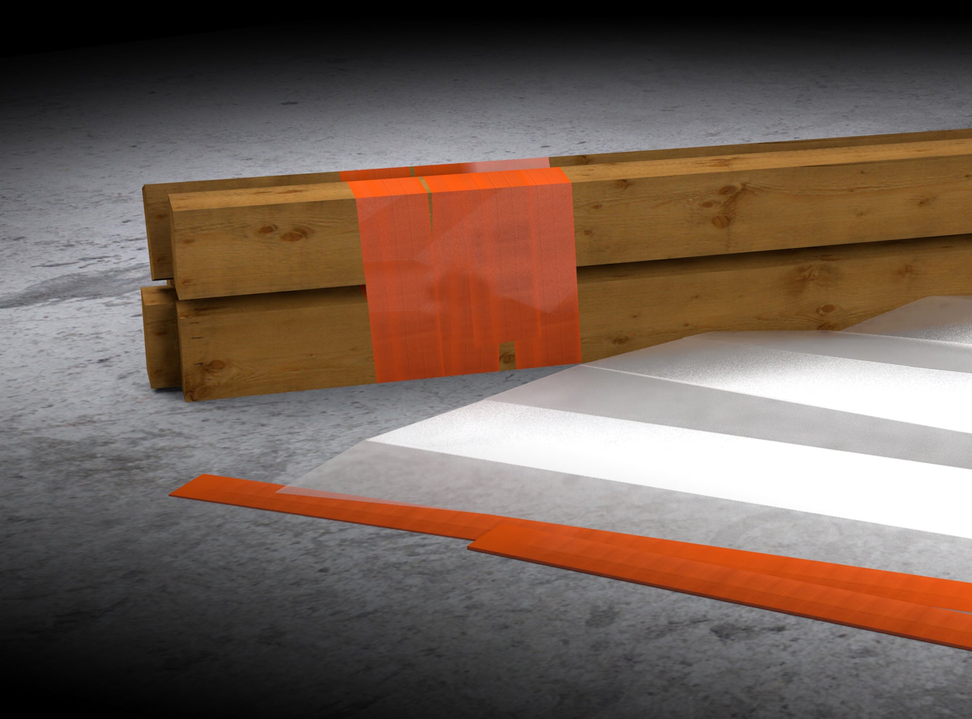 Vier Holzbohlen sind teilweise mit Scotch® High Visibility Klebeband, orange (25 m x 48 mm) der 3M Deutschland GmbH umwickelt. Eine transparente Folie und ein Streifen desselben Klebebandes befinden sich in der Nähe auf dem Betonboden.