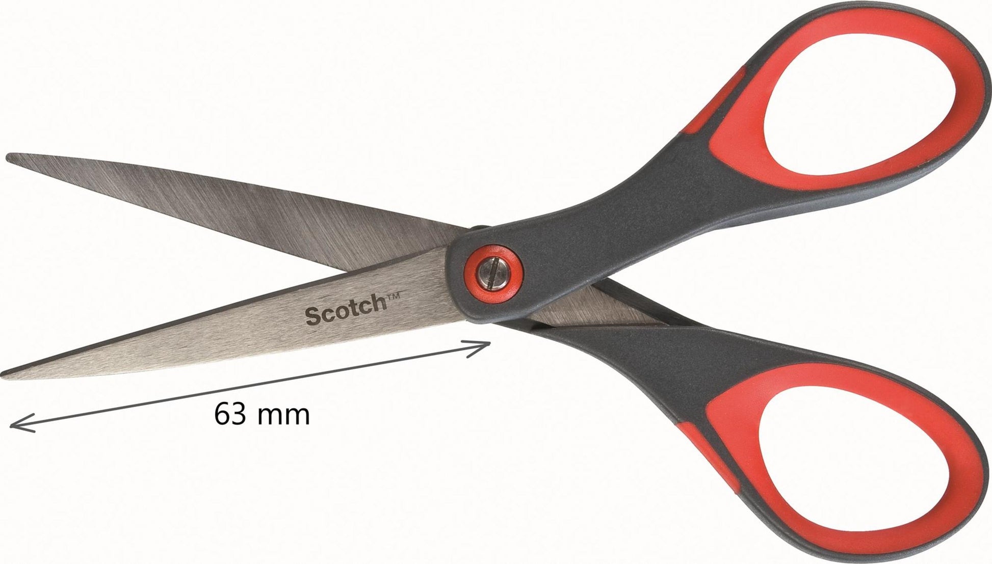 Die Scotch™ Präzisionsschere rot der 3M Deutschland GmbH hat schwarze und rote Griffe, ist teilgeöffnet und mit einer Klingenlänge von 63 mm gekennzeichnet.