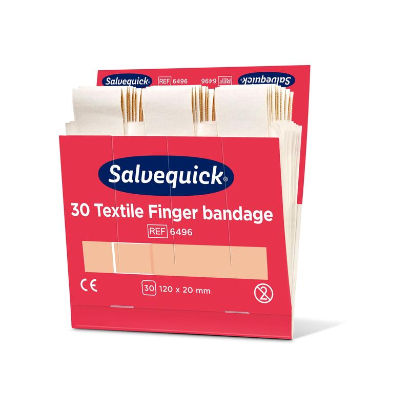 Eine Packung Orkla Wound Care AB Textil Fingerbinde, 120 x 20 mm, 30 st/nachfüllung (Packung mit 6 Stück), zeigt mehrere beige Binden und Produktangaben auf der Schachtel.