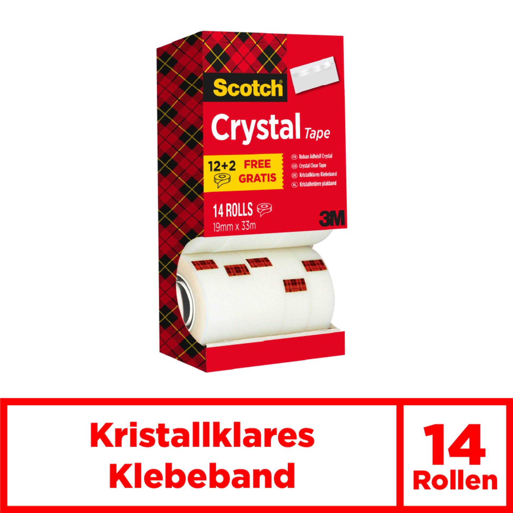 Eine rot-gelbe Packung Scotch® Crystal Klebeband von 3M Deutschland GmbH, mit 14 Rollen (19 mm x 33 m). Auf dem Karton steht "12+2 free gratis" und "Kristallklares Klebeband 14 Rollen" in fetter rot-weißer Schrift.