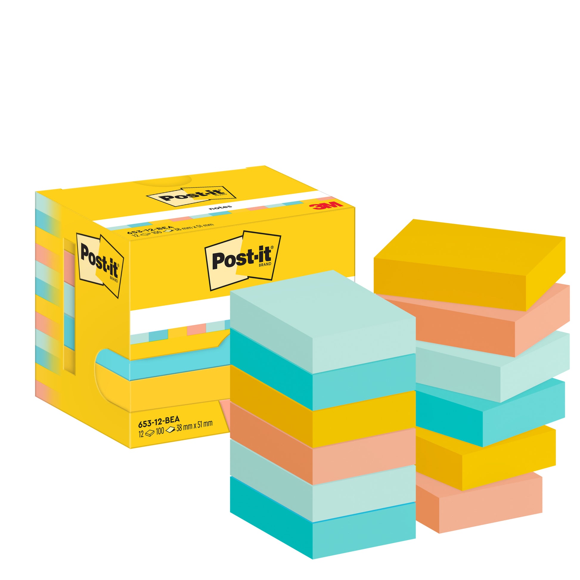 Abgebildet ist eine Schachtel Post-it® Notes, Beachside Collection (38 mm x 51 mm, 100 Blatt/Block, 12 Blöcke/Packung) der 3M Deutschland GmbH mit rechteckigen Blöcken in den Farben Gelb, Blau, Pfirsich und Mint. Der Karton ist zu 100% PEFC-zertifiziert.