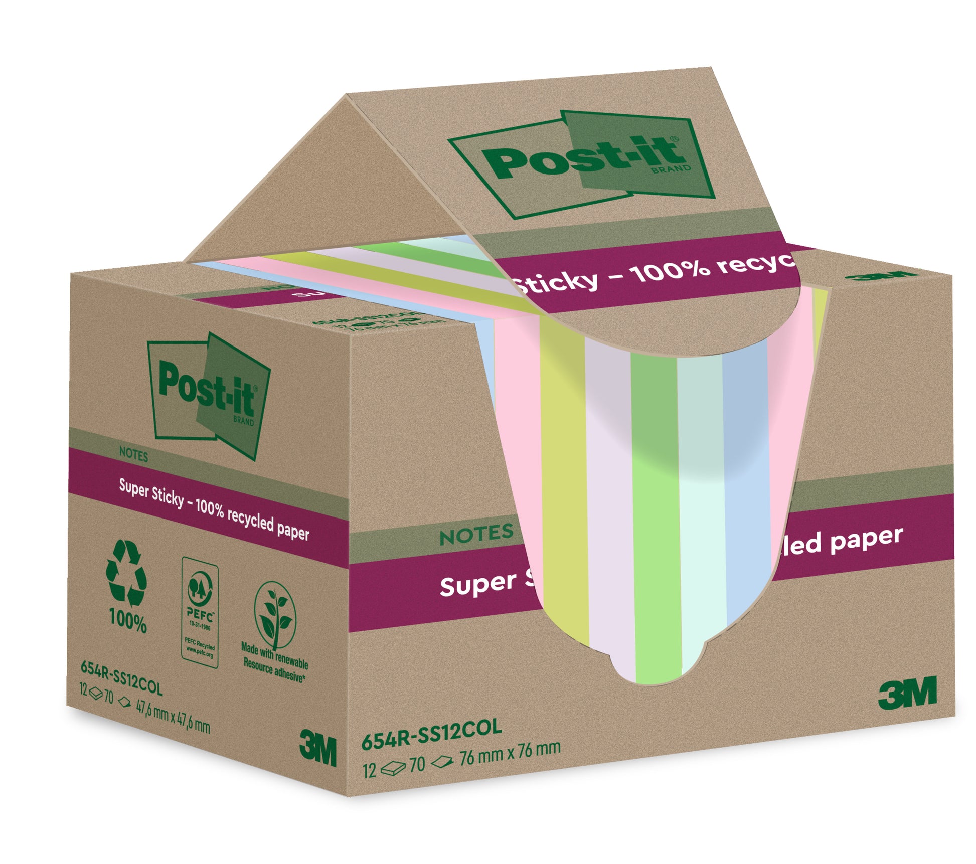 Eine Schachtel 3M Post-it® Super Sticky 100% Recycling Notes (76 mm x 76 mm, 70 Blatt, PEFC-zertifiziert) in verschiedenen Pastellfarben, mit grüner und lila akzentuierter umweltfreundlicher Verpackung.