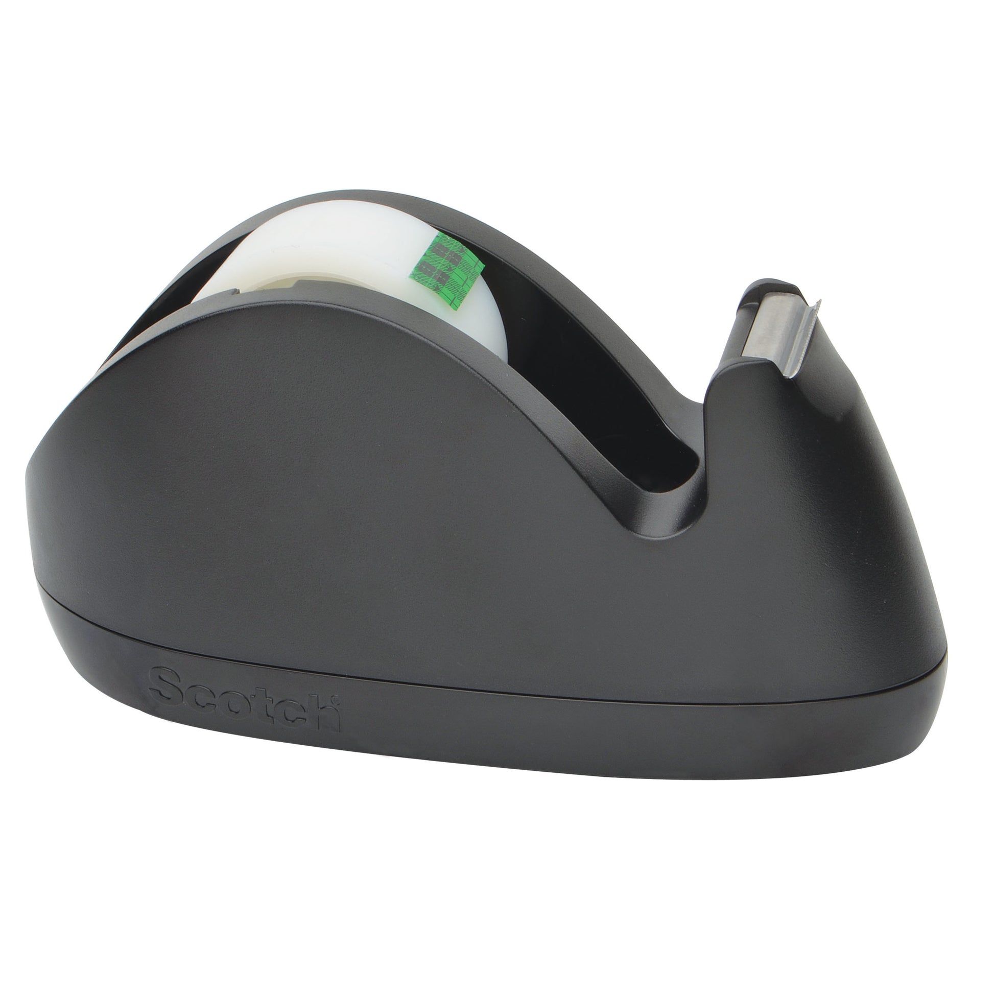 Ein schwarzer Scotch™ C29 Klebebandabroller der 3M Deutschland GmbH hält eine Rolle Scotch® Magic™ Invisible Tape (19 mm x 8,89 m, 1 Rolle/Packung) mit einem grün karierten Innenkern auf weißem Hintergrund.