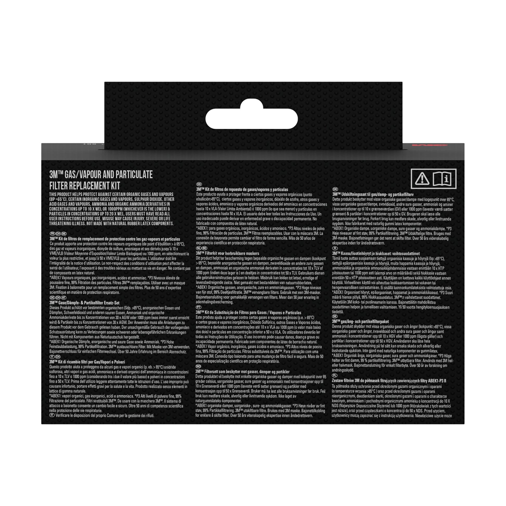 Die Rückseite einer 3M Deutschland GmbH 6004-1 ABEK1P3 Kombinationsfilter (2x6059, 2x5935, 2x501) Schachtel zeigt detaillierte Produktinformationen und mehrsprachige Anweisungen in weißer Schrift auf schwarzem Hintergrund.