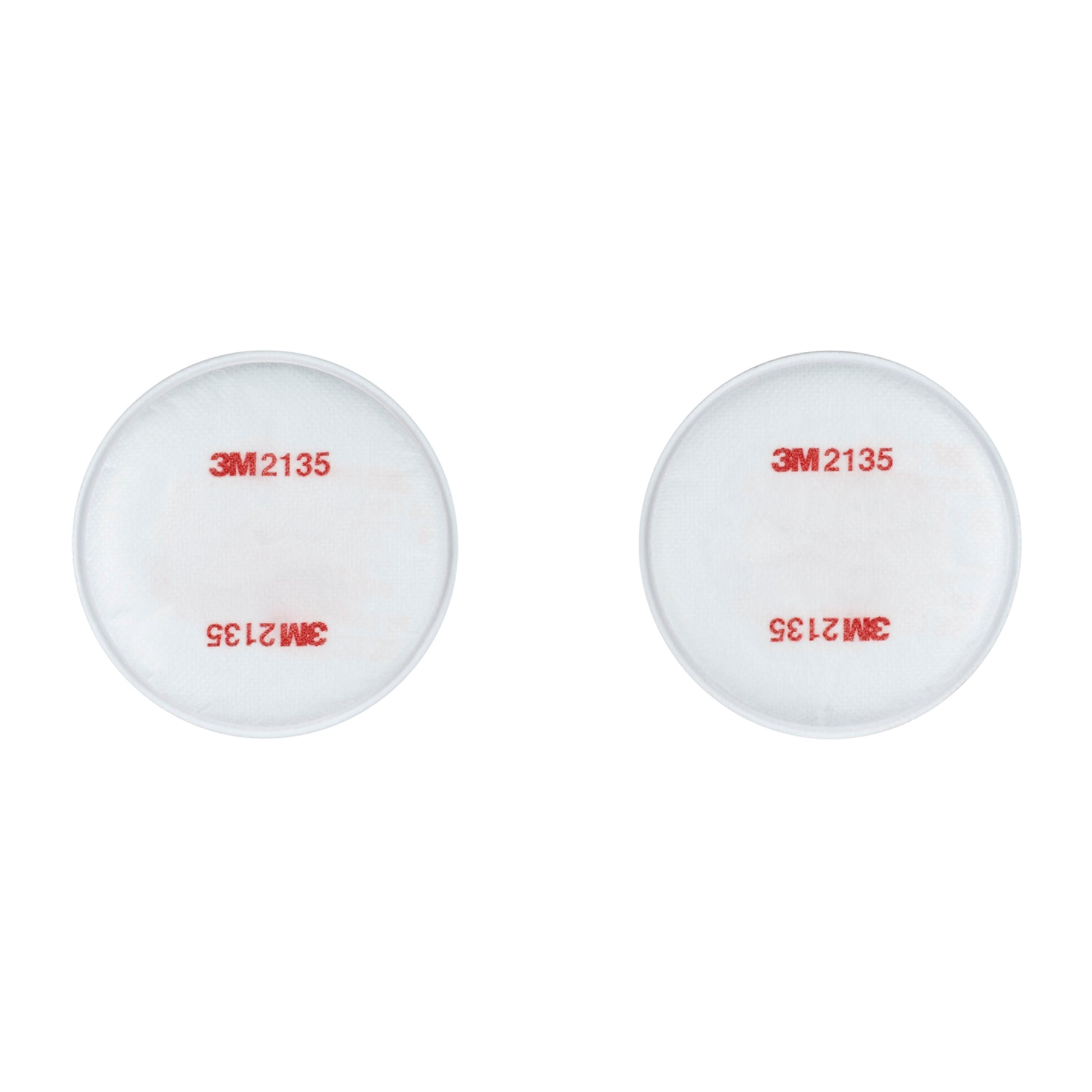 Zwei runde weiße 3M™ Partikelfilter 2135, P3 (1 Paar/Packung) von 3M Deutschland GmbH, mit rotem Text und nebeneinander auf weißem Hintergrund abgebildet.