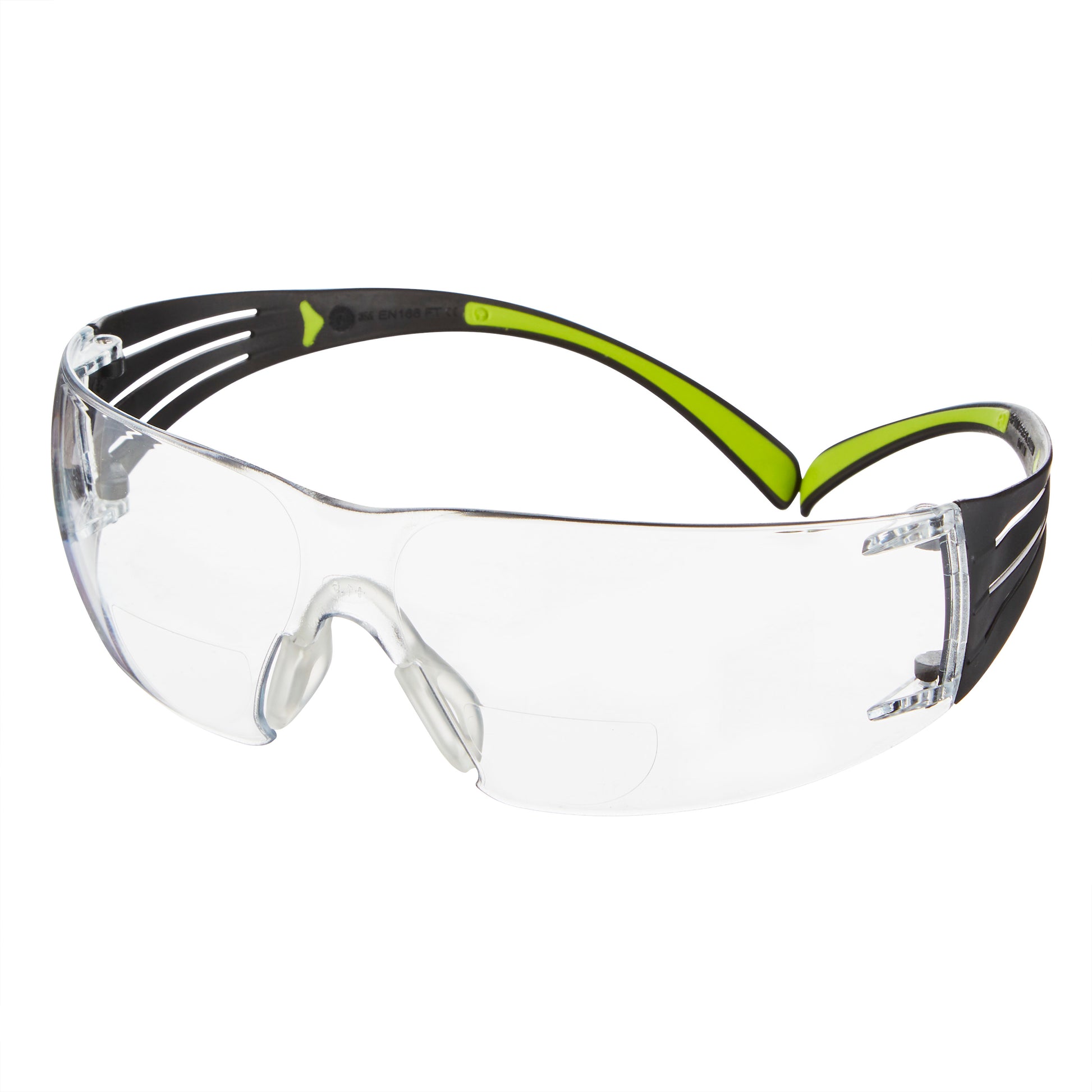 3M™ SecureFit™ Lese-Schutzbrille von 3M Deutschland GmbH: klare Schutzbrille im Wraparound-Design mit schwarzen und grünen Bügeln und transparenten Gläsern auf weißem Hintergrund.