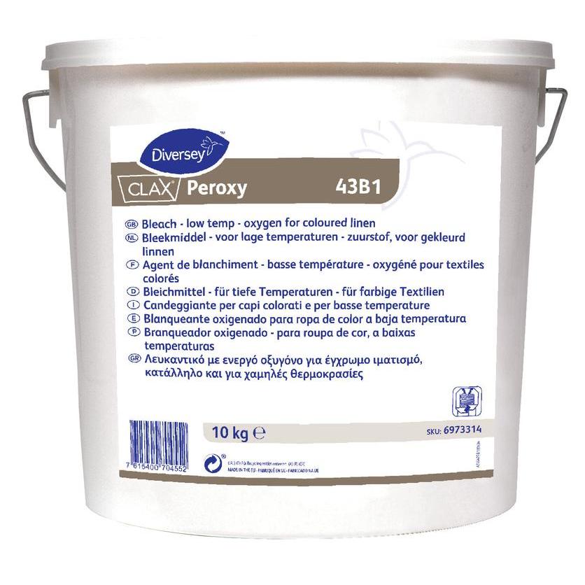 Ein 10 kg weißer Eimer Clax Peroxy Bleichmittel von Diversey Deutschland GmbH & Co. OHG, auf Sauerstoffbasis für farbige Wäsche bei niedrigen Temperaturen, mehrsprachiges Etikett und Symbole, grauer Griff.