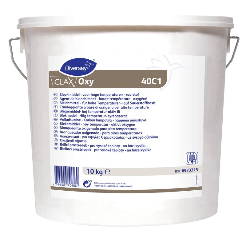 Ein weißer 10 kg-Eimer Diversey Deutschland GmbH & Co. OHG Clax Oxy 40C1 Sauerstoffbleiche, mit mehrsprachiger Produktinformation, Metallgriff und Barcode; ideal für gewerbliche Wäschereien und Sauerstoffbleiche bei niedrigen Temperaturen.