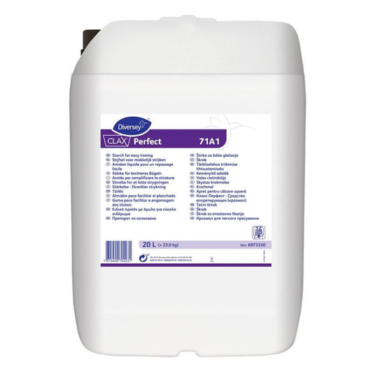 Ein weißer 20-Liter-Kunststoffbehälter mit der Aufschrift "Diversey Deutschland GmbH & Co. OHG Clax Perfect 71A1, Natürliche Flüssigstärke". Ideal für professionelle Textilreinigungen; das Etikett enthält Angaben in mehreren Sprachen und einen Barcode.