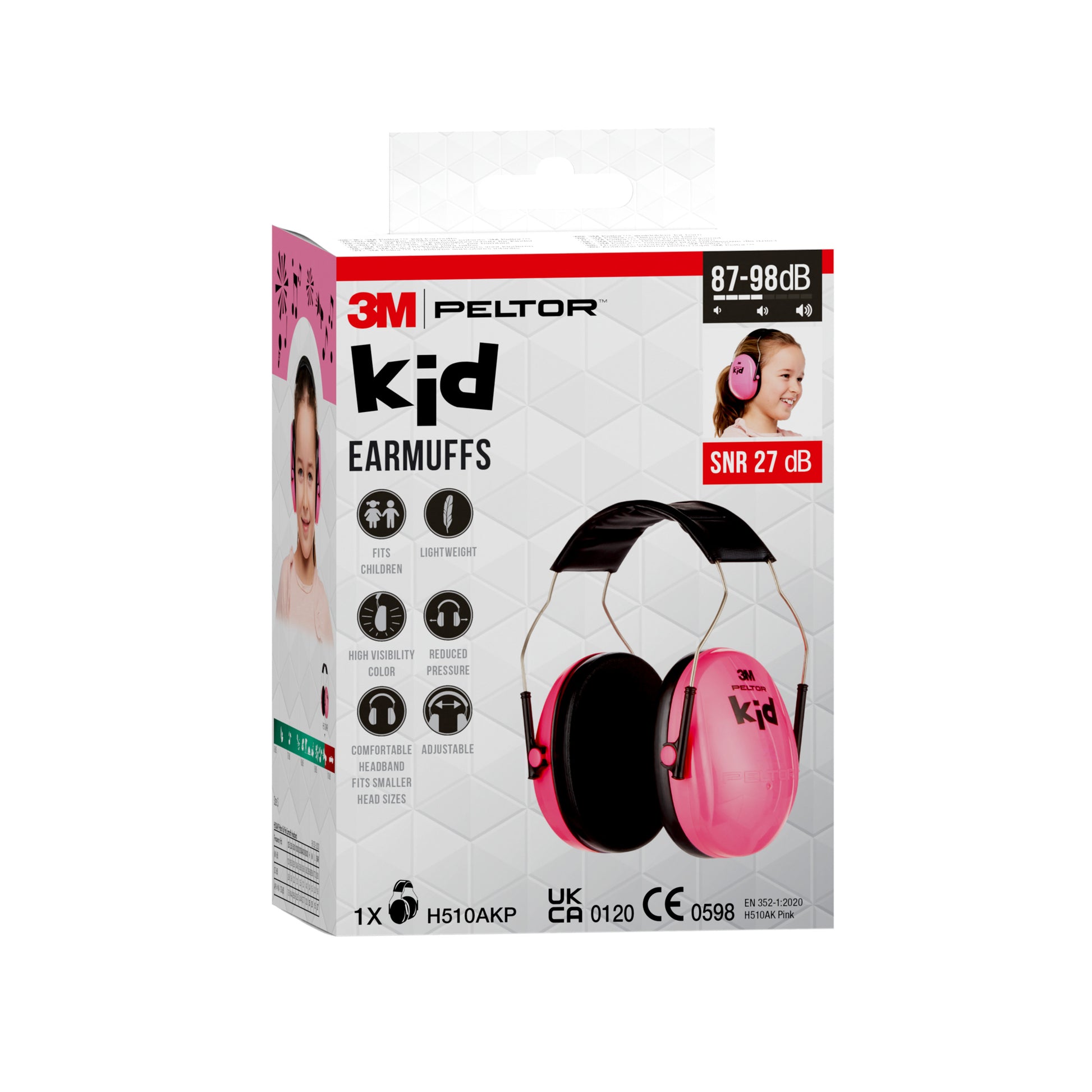 Schachtel von 3M™ PELTOR™ Kapselgehörschutz für Kinder (von 3M Deutschland GmbH) in rosa, zeigt Produkt und Kind, das es trägt. Highlights: leicht, bequem, SNR 27dB. Modellnummer H510AKP abgebildet.