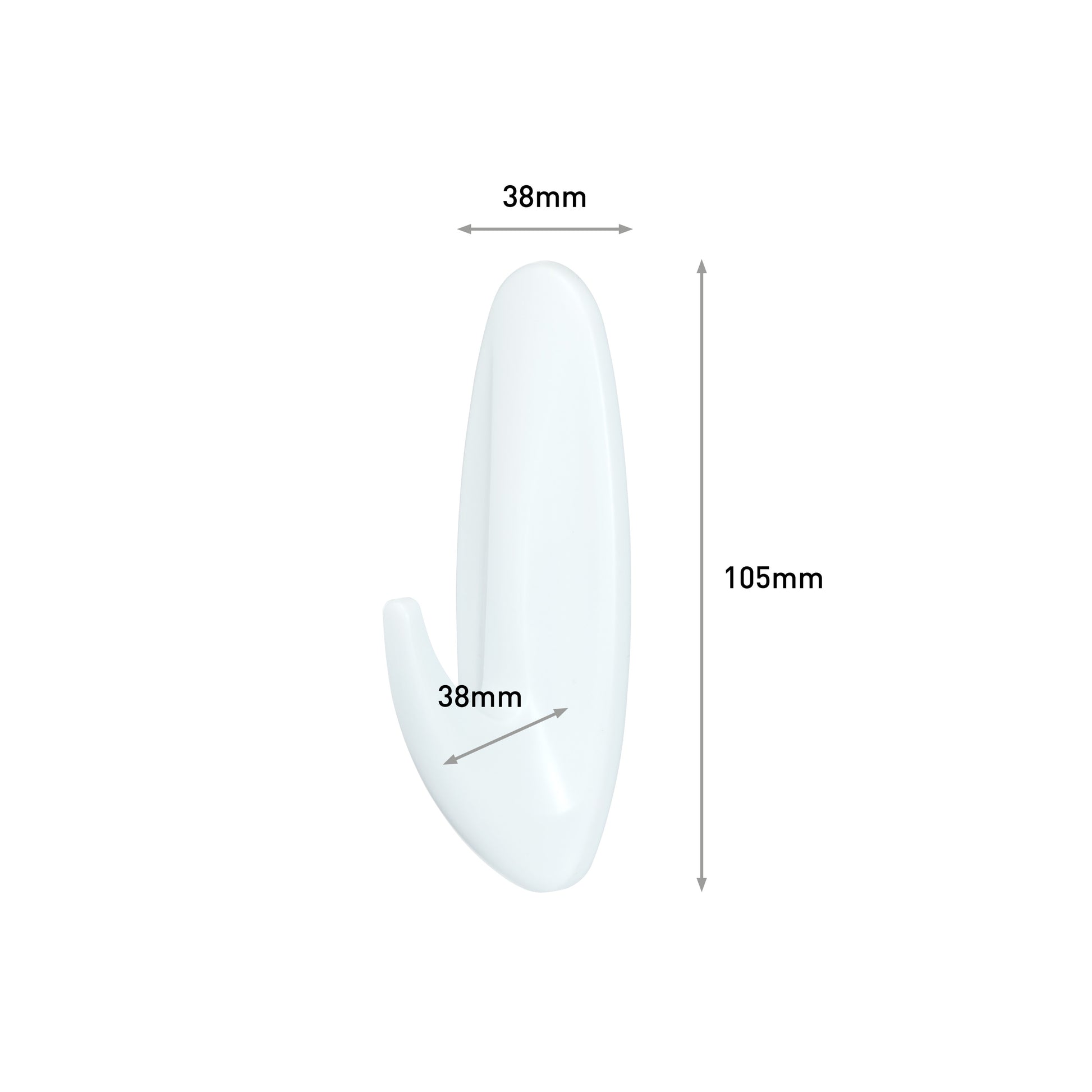 Der Command™ Bad Large Design-Haken, 17083B von 3M Deutschland GmbH ist ein weißer Wandhaken mit einem geschwungenen Design. Er ist vor einem unifarbenen Hintergrund abgebildet und misst 105 mm Höhe und 38 mm Breite. Pfeile markieren die Abmessungen. Die Packung enthält 1 Stück.
