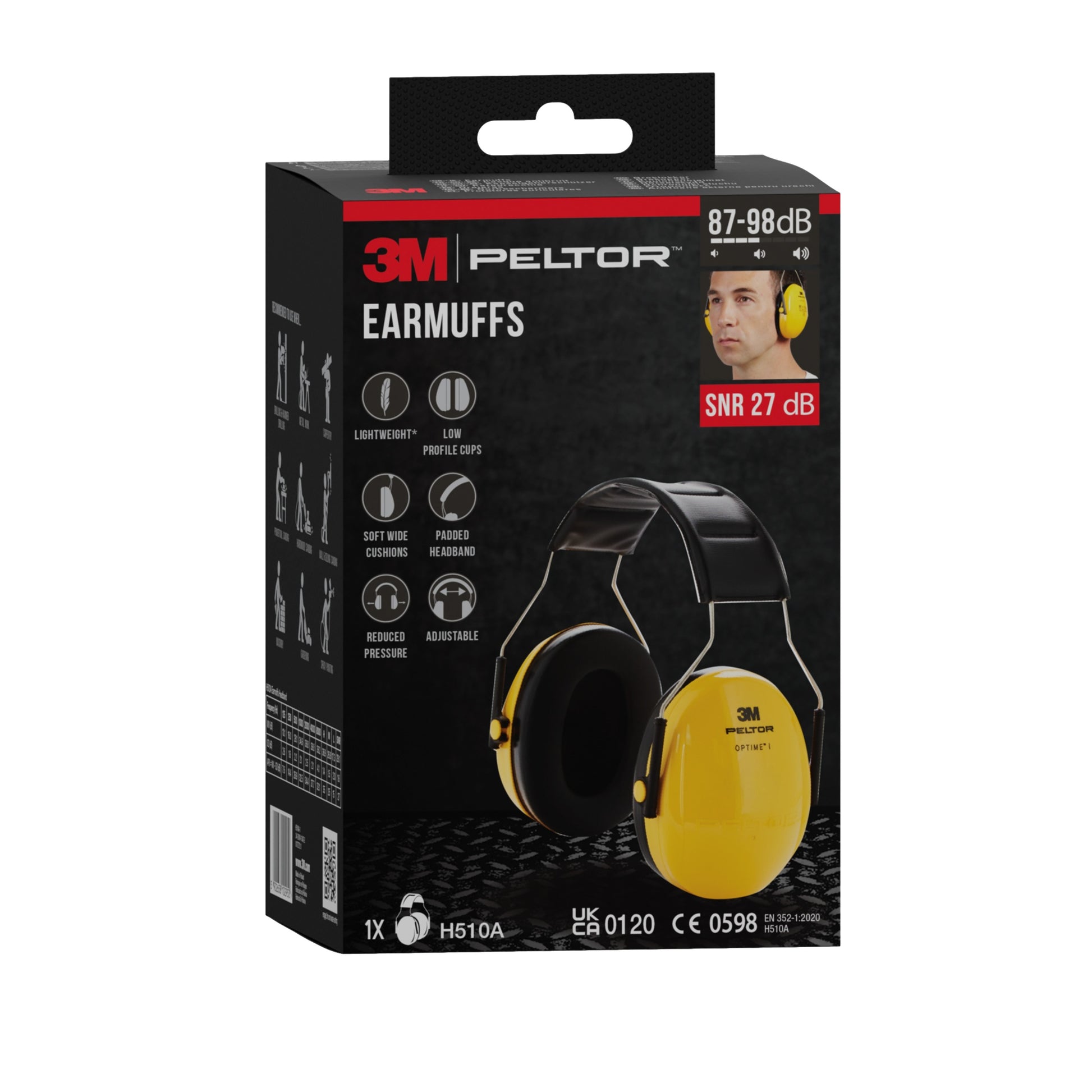 Abgebildet ist eine schwarze Schachtel mit 3M™ PELTOR™ Optime™ I H510A Kapselgehörschützern (SNR 27 dB, gelb) von 3M Deutschland GmbH. Auf der Verpackung sind Produktinformationen, Zertifizierungszeichen und ein Bild einer Person abgebildet, die den Gehörschutz trägt.