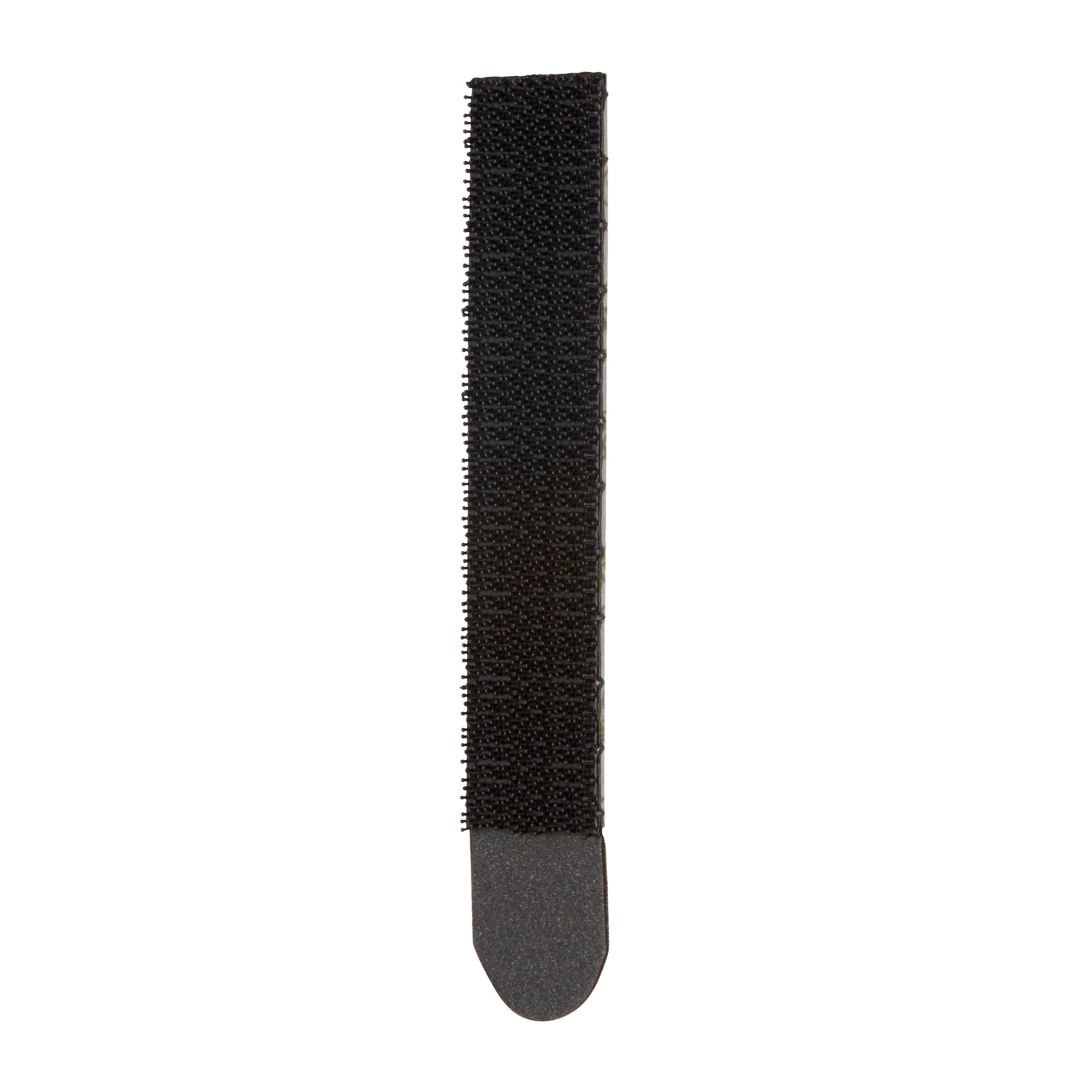Ein einzelner schwarzer Command™ Bilder-Montagestreifen 17206BLK (Größe L, 3M Deutschland GmbH) mit einer abgerundeten Unterseite und einem flachen oberen Ende ist vertikal vor einem weißen Hintergrund abgebildet. Packung: 4 Sets, hält bis zu 7,2 kg.