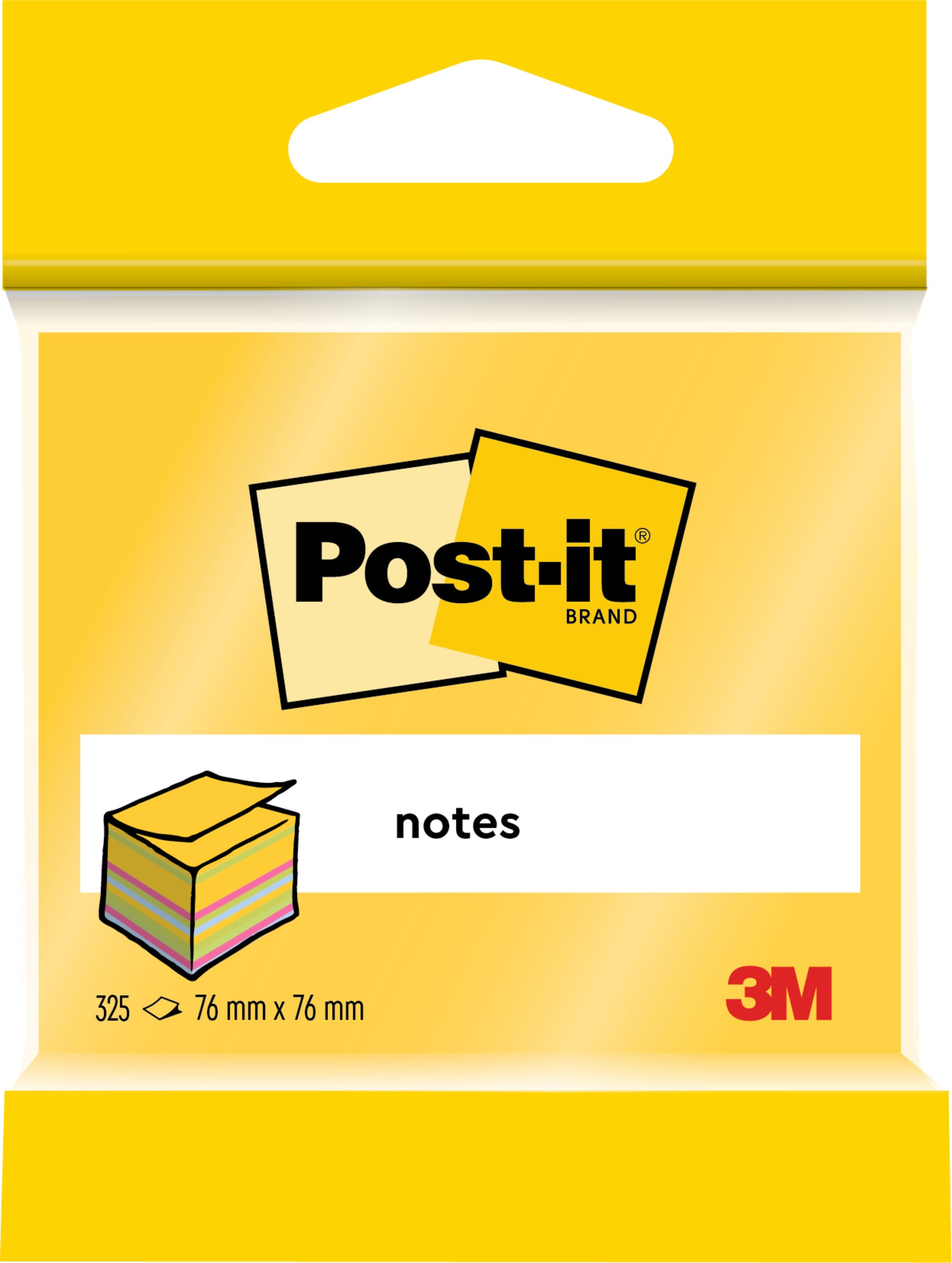 Eine Packung 3M Post-it® Notes Würfel (76x76 mm, 450 Blatt/Block, 100% PEFC) der 3M Deutschland GmbH ist mit dem Logo, der Abbildung von gestapelten Notizen, "Notes" und einer gelben Verpackung versehen.