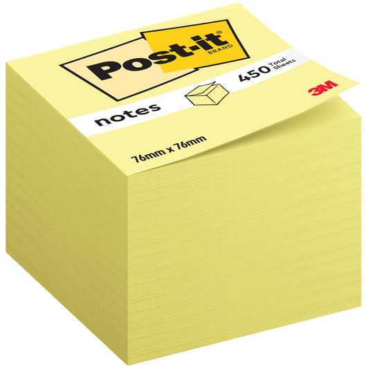 Ein Würfel mit gelben Post-it® Notes von 3M Deutschland GmbH, 76 x 76 mm, mit 450 Blatt pro Block. Auf der Verpackung sind der Markenname und die Größe angegeben, das 3M-Logo befindet sich unten rechts.
