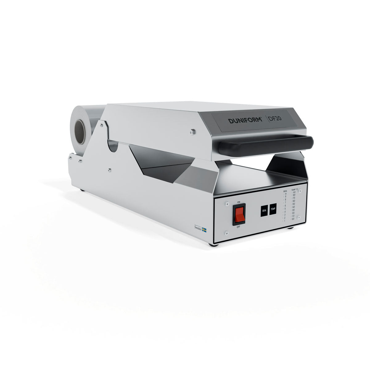 Die Siegelmaschine DF20 - halbautomatisch inkl. 1 Kassette DF10/DF20 von Duni GmbH, mit digitaler Steuerung und schwarzem Griff, eignet sich ideal zum Versiegeln von Verpackungen und steht bereit zum Verschließen von Lebensmittelschalen.
