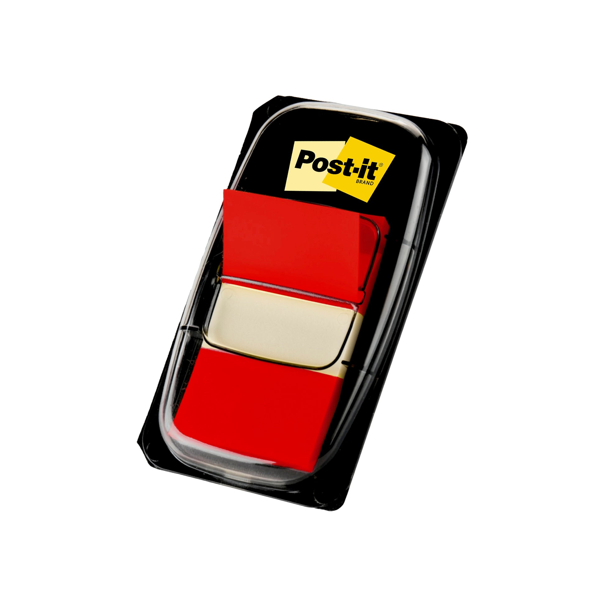 Eine Packung 3M Post-it® Index Haftstreifen, Standard (25,4 x 43,2 mm), 50 rote Fähnchen in einem schwarzen Spender mit gelbem Etikett; von 3M Deutschland GmbH.