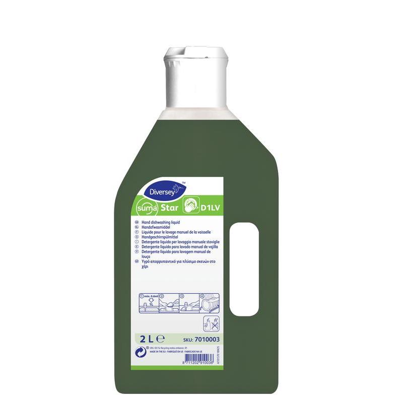 Eine 2-Liter-Flasche Suma Star D1, Flüssiges neutrales Handgeschirrspülmittel von Diversey Deutschland GmbH & Co. OHG verfügt über einen weißen Deckel, grüne Flüssigkeit und ein Etikett mit Anweisungen zur gründlichen Reinigung.