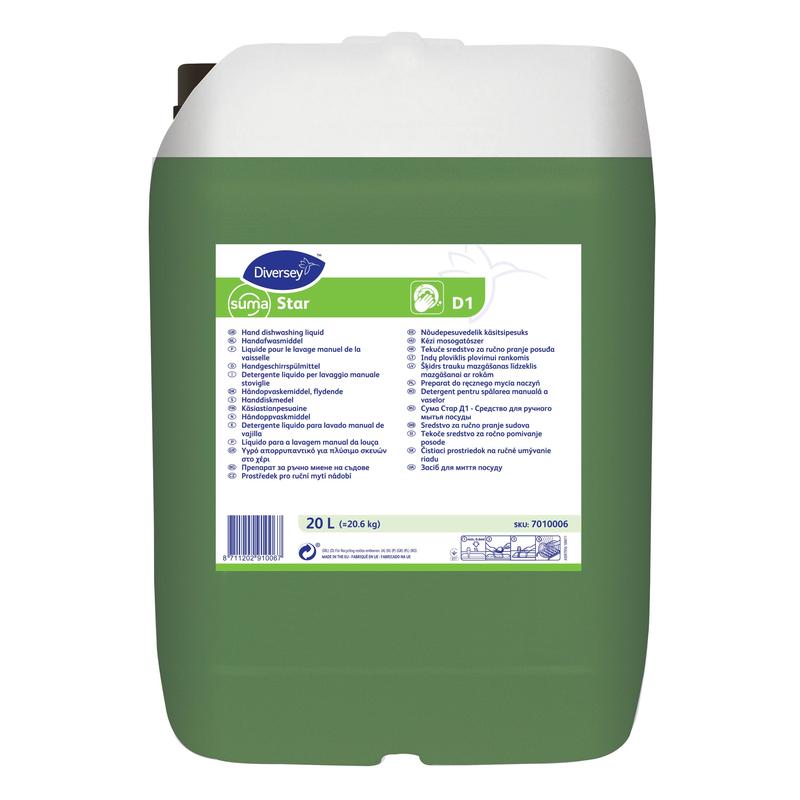 Ein 20-Liter-Behälter aus grünem Kunststoff mit Suma Star D1, flüssigem neutralem Handgeschirrspülmittel von Diversey Deutschland GmbH & Co. OHG, mit einem weißen Etikett mit Produktdetails und mehrsprachigen Anweisungen zur gründlichen Reinigung.