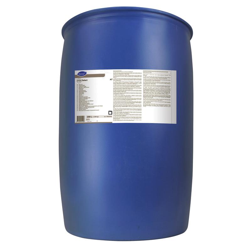 Das Bild zeigt ein großes blaues Fass mit weißem Etikett der Diversey Deutschland GmbH & Co. OHG, das Suma Select A7 – Neutraler Klarspüler enthält, ideal für gewerbliche Geschirrspüler zur Reduzierung von Kalkablagerungen.