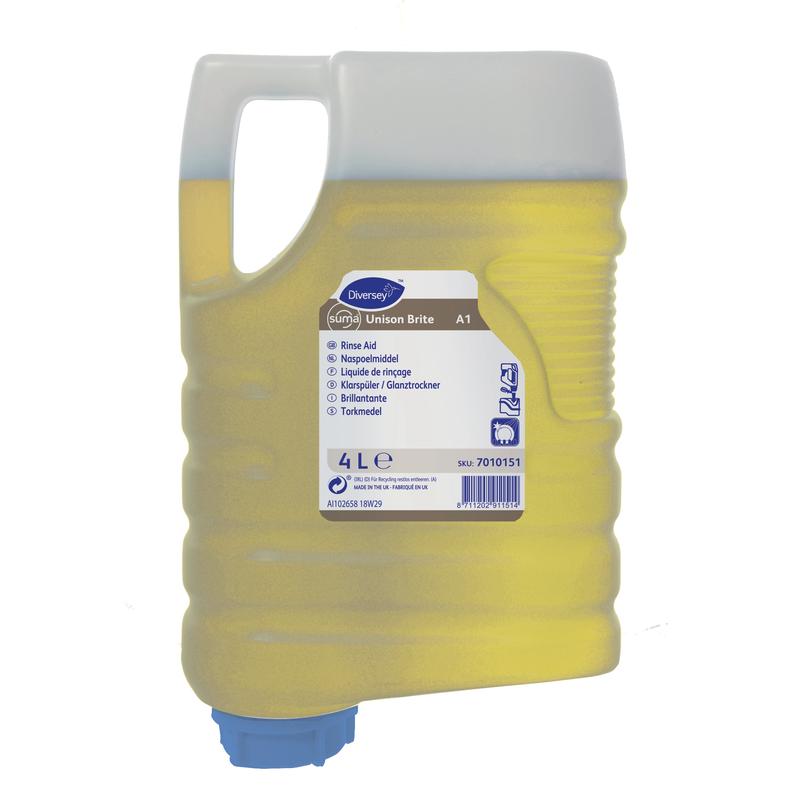 Eine 4-Liter-Kartusche Diversey Suma Unison Brite A1 Saurer Klarspüler, mit eingebautem Griff und gelber Flüssigkeit, mit blau-weißem Etikett, das die Formel für streifenfreie Ergebnisse beschreibt - ideal für die Gastronomie.