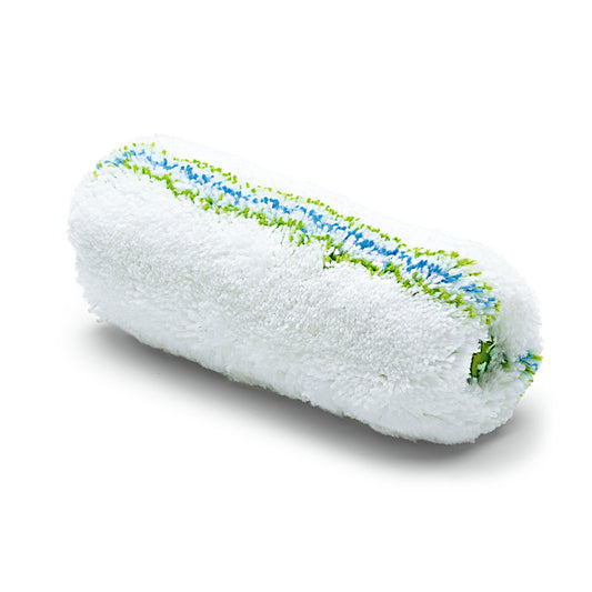 Die Nölle Profi Brush Meisterflor Universalwalze (Ø 44 mm, Florhöhe 18 mm) von Nölle Profi Brush Bürsten- & Pinseltechnik e.K. ist ein weißer Farbwalzenbezug mit blauen und grünen Streifen, der sich perfekt für Malerarbeiten eignet und neu auf einem schlichten weißen Untergrund abgebildet ist.