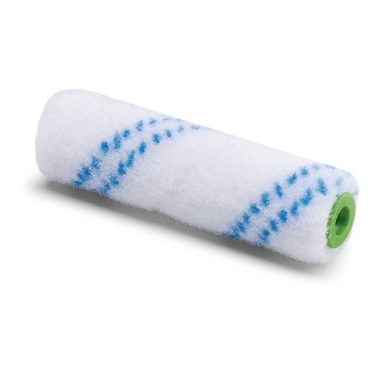 Die Nölle Profi Brush Kleinflächenwalze Nylon 10 cm, von Nölle Profi Brush Bürsten- & Pinseltechnik e.K., mit blauen Streifen und grünem Kunststoffkern, ist auf weißem Grund abgebildet.