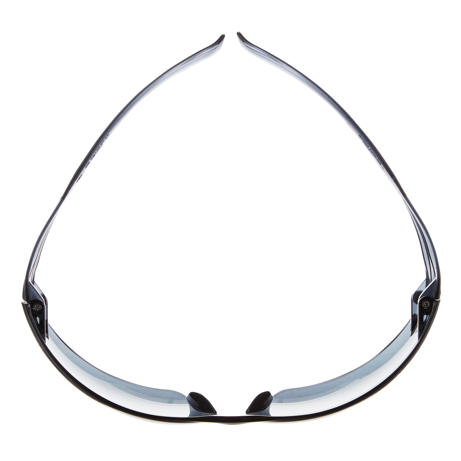 Die 3M™ SecureFit™ Schutzbrille 200 von 3M Deutschland GmbH wird von oben gezeigt, mit schwarzem und klarem Rahmen, ausgebreiteten Armen und nach unten gerichteten Gläsern auf weißem Hintergrund.