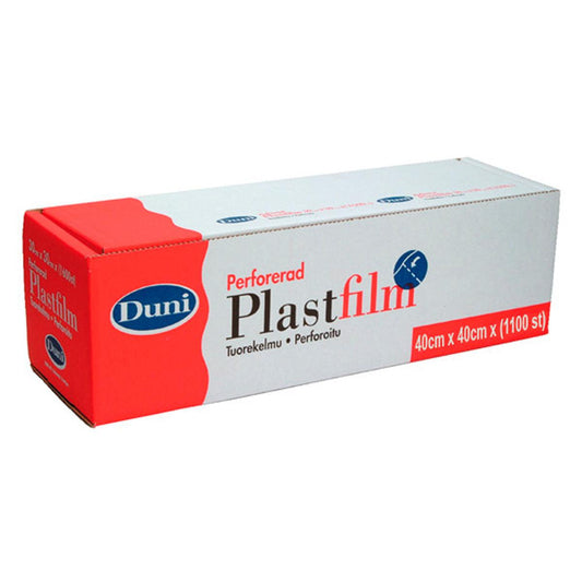 Eine rechteckige Schachtel der Duni GmbH Frischhaltefolie perforiert, in schwedischer Sprache beschriftet, mit rot-weißer Verpackung und blauem Logo; enthält eine Rolle transparente PVC-Folie (40cm x 440m, 1100 Blatt), ideal für den Einsatz in der Gastronomie.