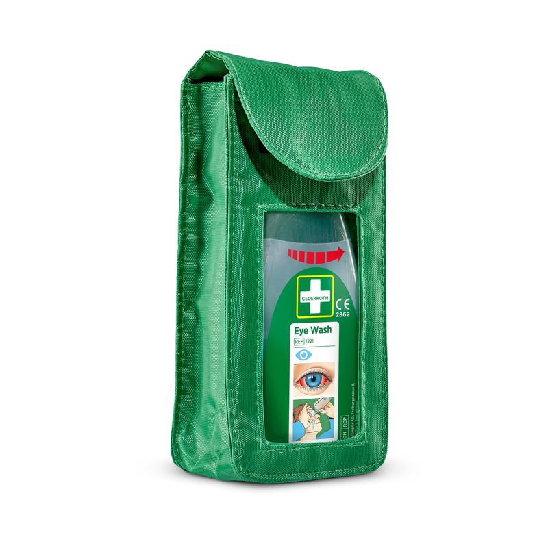 Das Holster für cederroth augenspültasche modell (ref 7221) von Orkla Wound Care AB verfügt über ein klares Fenster für die Augenspülflasche, einen Klappdeckel und einen roten Pfeil auf dem etikettengerechten Augenspülzubehör. Packung: 1 Stück.