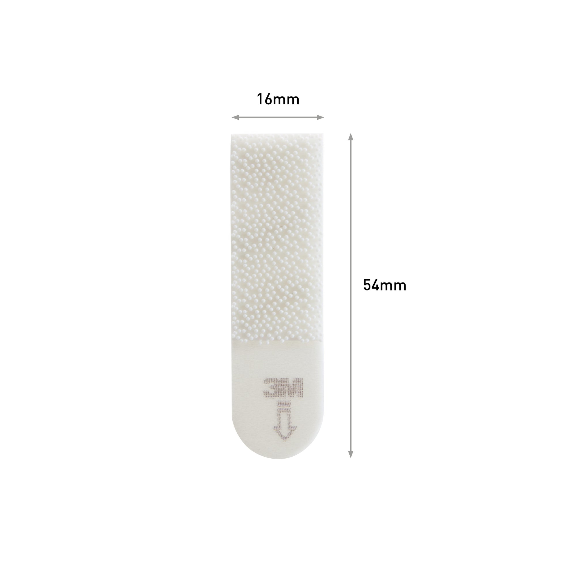 Der Kleine weiße Command™ Bilder-Montage Strips S 17202 (1 Stück) von 3M Deutschland GmbH ist ein weißer, strukturierter Klebestreifen, 16mm x 54mm, mit dem 3M-Logo und einem nach unten gerichteten Pfeil an seinem abgerundeten Ende.