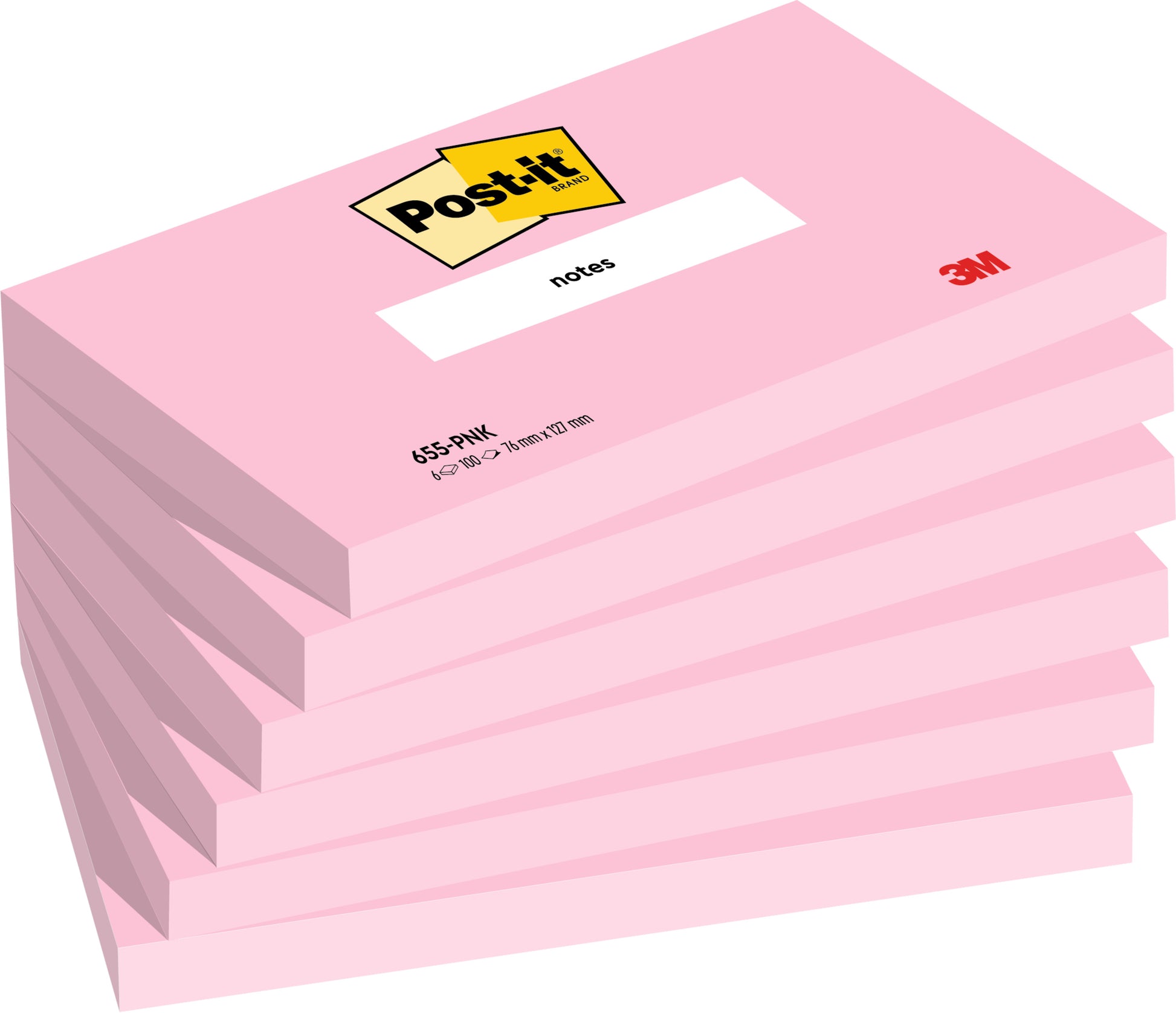 Ein Stapel von sechs rosafarbenen Post-it® Notizzetteln (76 x 127 mm, 100 Blatt/Block, 100% PEFC) der 3M Deutschland GmbH, wobei jeder Block oben das "Post-it"-Logo und unten rechts den Schriftzug "3M" trägt.