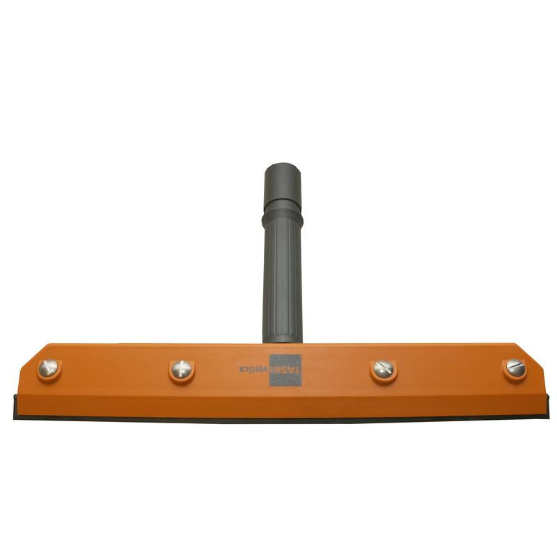 Der TASKI vertica Düse 40 cm von Diversey Deutschland GmbH & Co. OHG ist ein breiter, orangefarbener Bodenwischer mit schwarzer Gummiklinge und grauer Stielhalterung, ideal für die Verwendung mit dem vertica-System, abgebildet von vorne auf weißem Hintergrund.