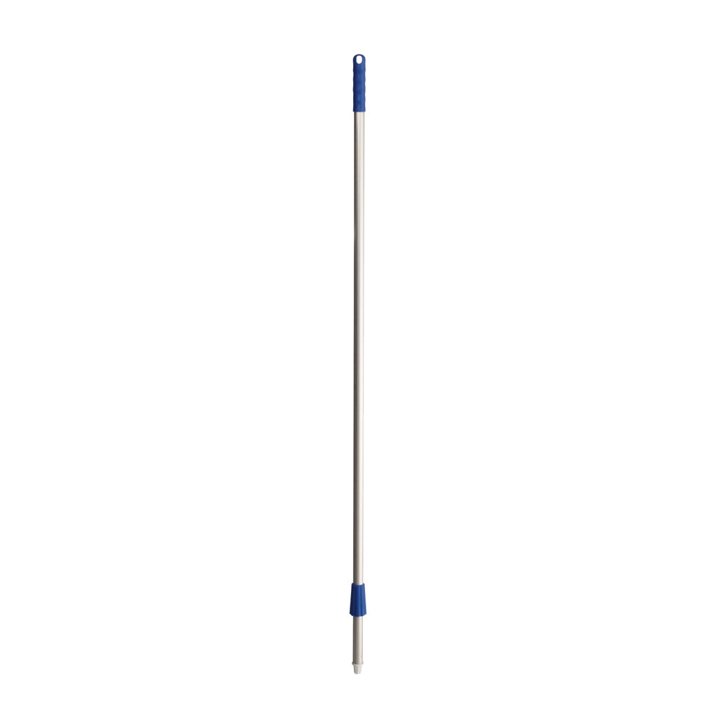 Der Aluminiumstiel (1450 mm) von Diversey Deutschland GmbH & Co. OHG mit blauen Kunststoffgriffen eignet sich ideal als Stiel für Besen, Schrubber und Wasserschieber–die praktische Wahl für Reinigungsgeräte.