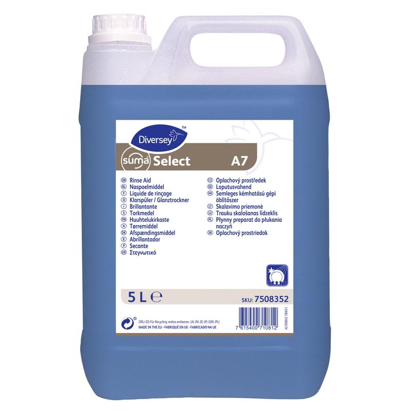 Ein 5-Liter-Kunststoffbehälter mit blauem Suma Select A7 Neutraler Klarspüler von Diversey Deutschland GmbH & Co. OHG, ideal für gewerbliche Geschirrspülmaschinen, reduziert Kalkablagerungen; Das vordere Etikett enthält Produktdetails und Anweisungen.
