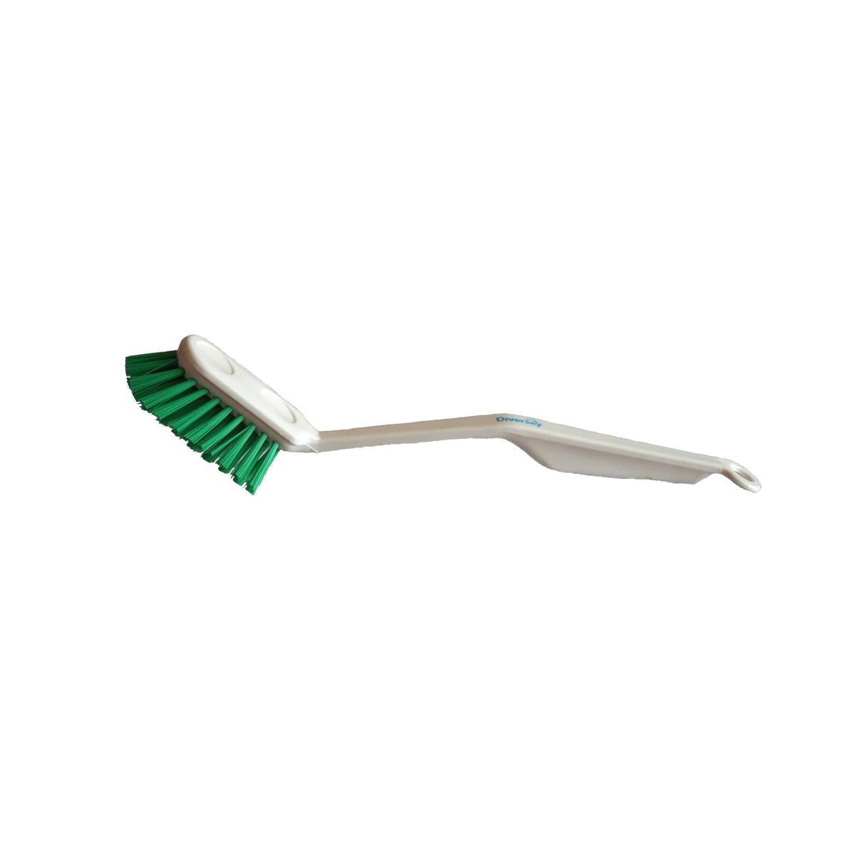 Die Spülbürste mittel (285 x 33 x 20 mm) von Diversey Deutschland GmbH & Co. OHG hat einen weißen Kunststoffkörper, grüne Borsten und einen geschwungenen Griff - ideal für die Reinigung von Geschirr in der Küche, abgebildet auf einem schlichten weißen Hintergrund.