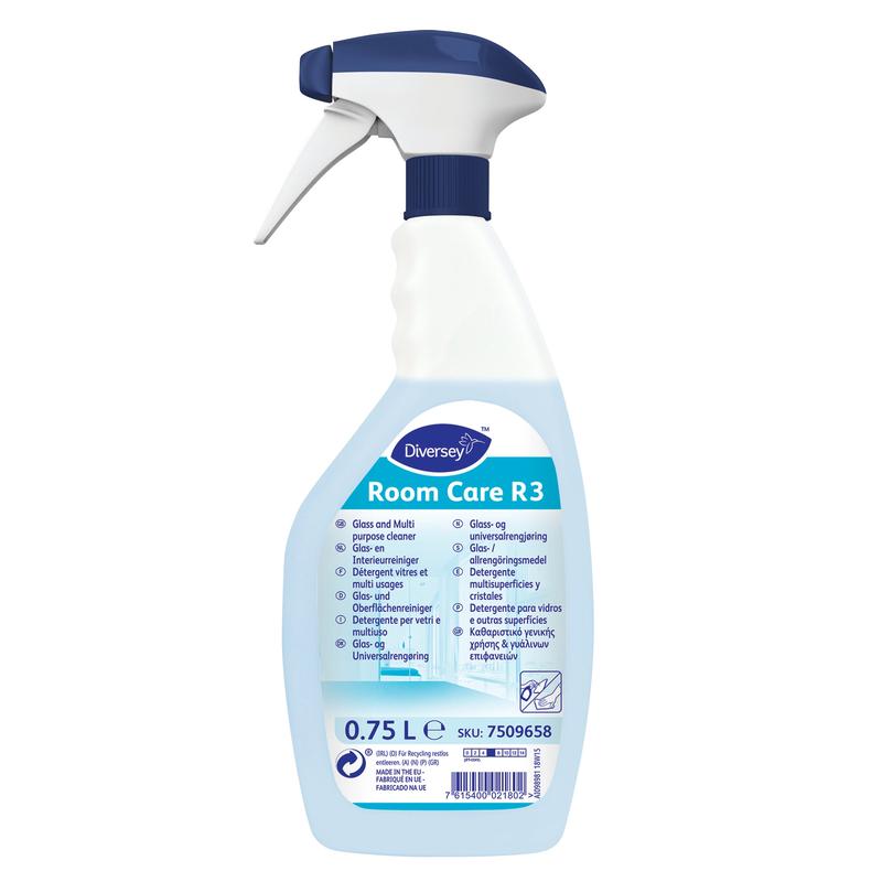 Eine 750 ml Flasche Diversey Room Care R3 Oberflächen- und Glasreiniger von Diversey Deutschland GmbH & Co. OHG, mit blau/weißem Etikett und blauer Abzugsdüse für streifenfreie Reinigung.