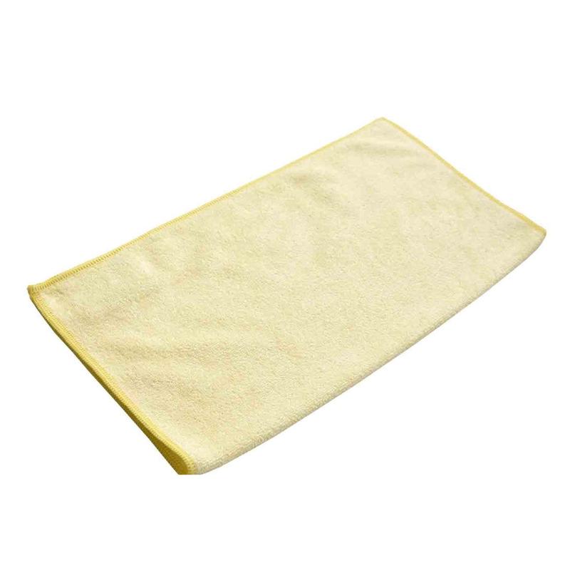 Ein TASKI MicroCare Mikrofasertuch 40x40 cm von Diversey Deutschland GmbH & Co. OHG, rechteckig und hellgelb mit sauber vernähten Kanten, liegt flach auf einem weißen Untergrund.