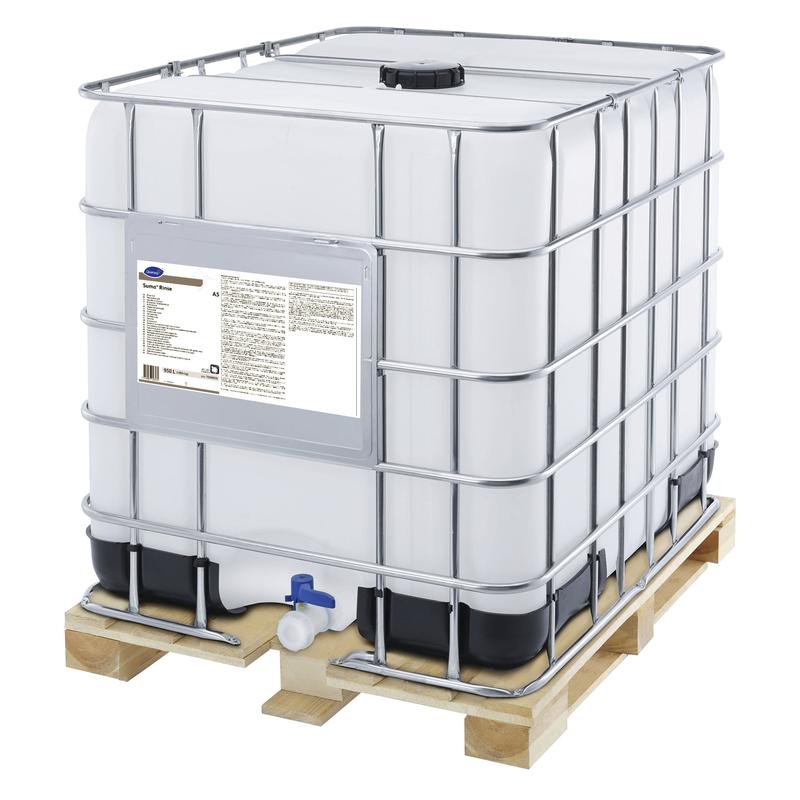 Ein großer weißer Kunststoff-IBC mit Metallkäfig und Palettenboden, ausgestattet mit Ausguss und seitlichem Etikett – ideal für die Aufbewahrung von Suma Rinse A5 Neutraler Klarspüler von Diversey Deutschland, um Kalkablagerungen zu verhindern und streifenfreie Ergebnisse zu gewährleisten.