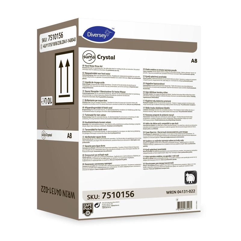 Eine rechteckige Schachtel mit der Aufschrift "Suma Crystal A8, Saurer Klarspüler" von Diversey Deutschland GmbH & Co. OHG für gewerbliche Geschirrspüler, mit mehrsprachiger Produktinformation, braunem und weißem Design, schwarzem Text, SKU, Barcode und hervorgehobener Verwendung des sauren Klarspülers.