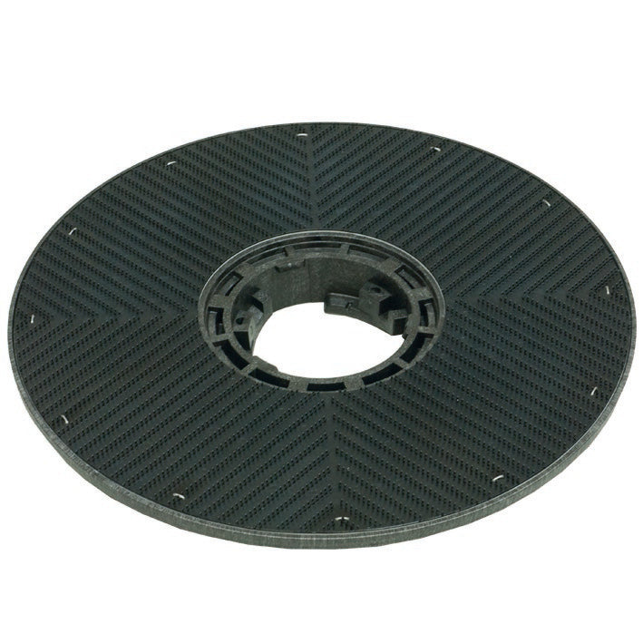 Der Diversey Führungssteller Harpoon-Grip (43 cm) ist eine schwarze, strukturierte Kunststoffscheibe mit zentralem Loch und strahlenförmigem Muster, konzipiert für Reinigungs- und Polierpads auf swingo 455 & 755. Packung: 1 Stück.