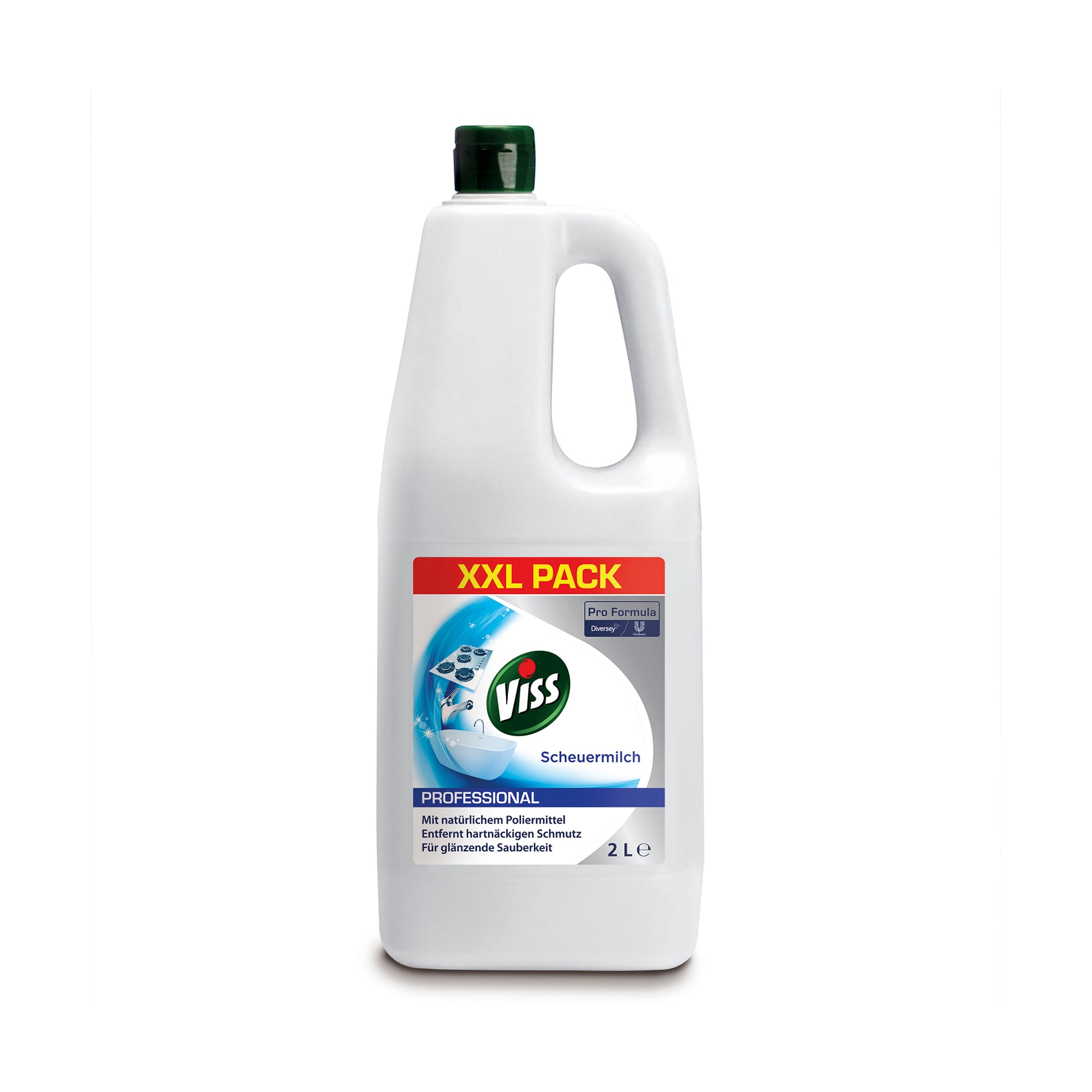 Eine 2-Liter-Flasche Professinal Scheuermilch in Weiß von Diversey Deutschland GmbH & Co. OHG mit grünem Verschluss und Griff, blau-rot-grün-weißem Etikettendesign und deutschen Produktinformationen.