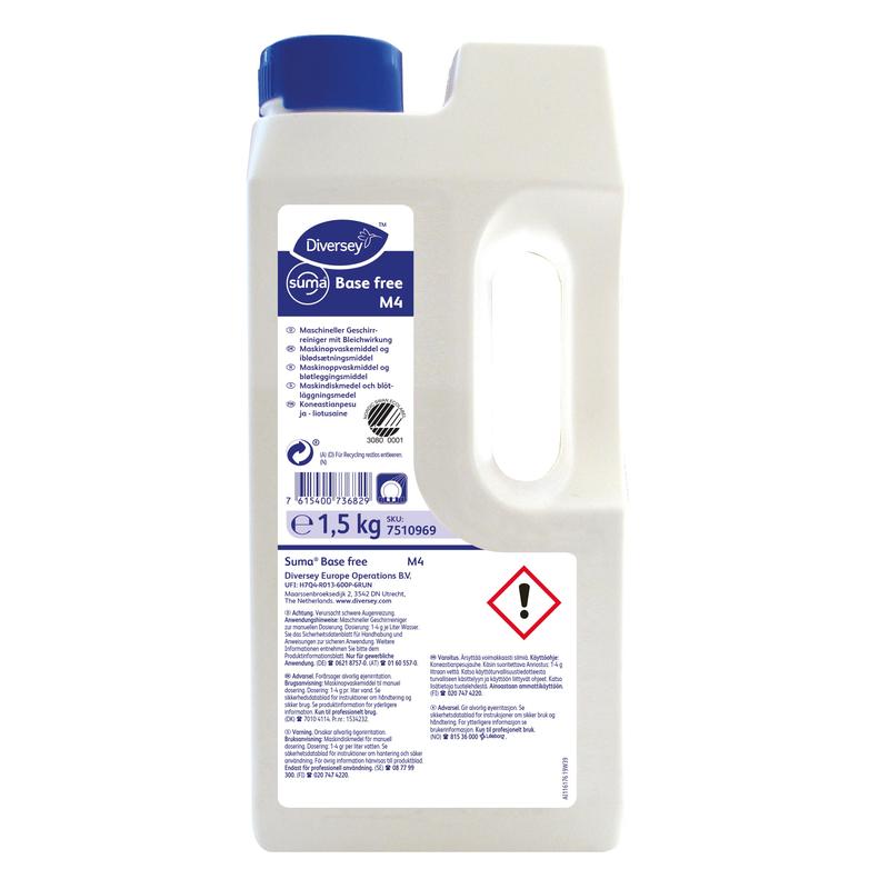 Eine 1,5-kg-Plastikflasche Suma Base free M4 Geschirrreiniger mit Bleichwirkung durch Aktivsauerstoff von Diversey, mit blauem Verschluss, Griff, Warnsymbol und einem Frontetikett mit Produkt- und Sicherheitsangaben.