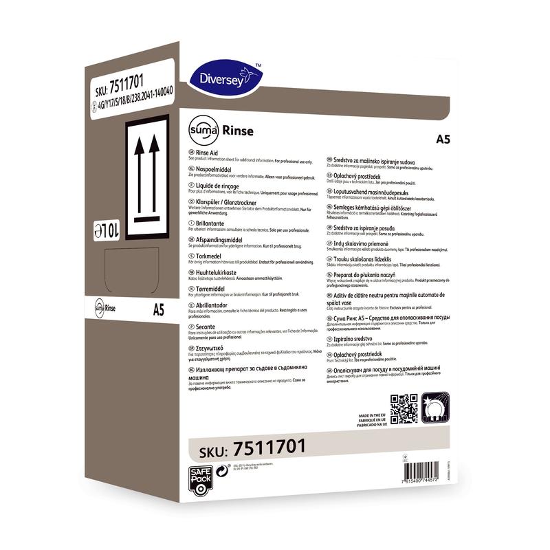 Eine rechteckige braun-weiße Box mit der Aufschrift „Suma Rinse A5 – Neutraler Klarspüler“ von Diversey Deutschland GmbH & Co. OHG enthält Produktdetails in mehreren Sprachen, SKU 7511701, 10L-Kapazitätssymbol, Barcode und verspricht streifenfreie Ergebnisse.