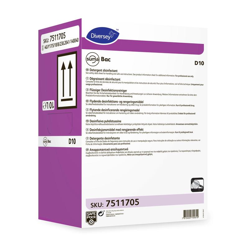 Eine weiß-violette Schachtel mit der Aufschrift „Suma Bac D10, Desinfektionsreiniger“ von Diversey Deutschland GmbH & Co. OHG (SKU 7511705) mit mehrsprachigen Anweisungen und Produktdetails sowie Pfeilen, die die richtige aufrechte Positionierung anzeigen.