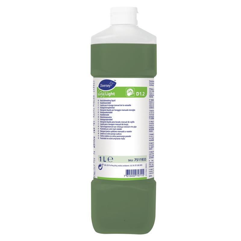 Eine 1-Liter-Plastikflasche Diversey Deutschland GmbH & Co. OHG Suma Light D1.2 Handgeschirrspülmittel mit weißem Verschluss und grüner Flüssigkeit. Das Etikett enthält eine mehrsprachige Anleitung zum Entfernen von Fett und Schmutz für strahlend sauberes Geschirr.