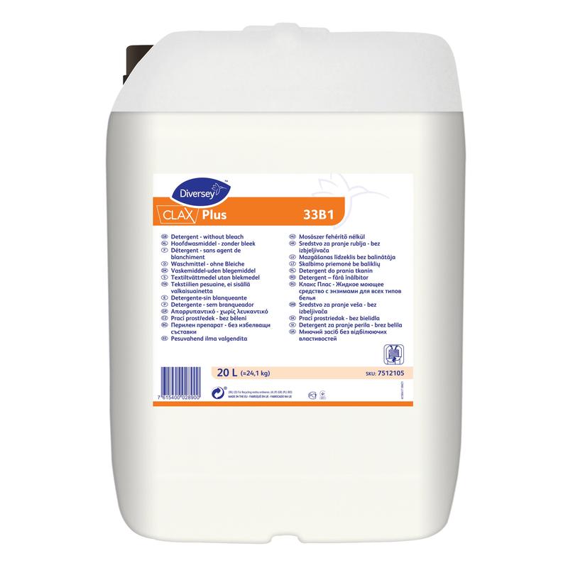 Ein weißer 20-Liter-Kunststoffbehälter mit Clax Plus 33B1 Flüssigwaschmittel ohne Bleichmittel von Diversey Deutschland GmbH & Co. OHG, ideal für gewerbliche Wäschereien, mit blau-orangefarbenem Etikett in mehreren Sprachen.
