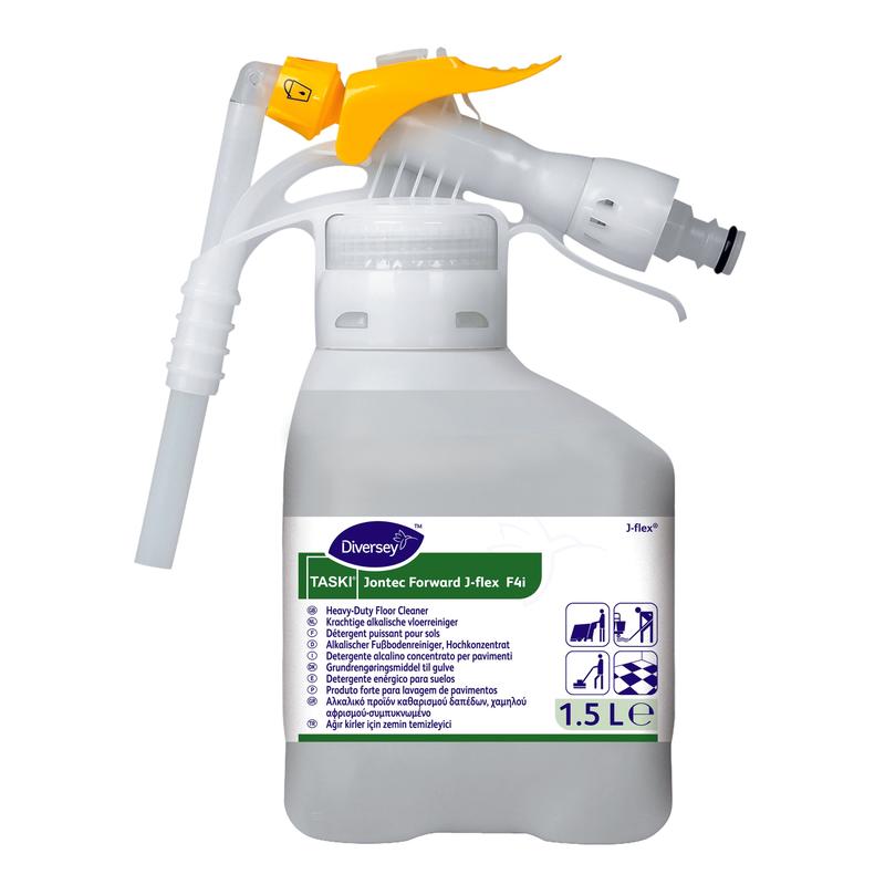 Eine 1,5-Liter-Flasche TASKI Jontec Forward Fußbodenreiniger Hochkonzentrat von Diversey Deutschland GmbH & Co. OHG mit gelb-weißer Sprühdüse – eine effektive Lösung für die Reinigung von Böden und Oberflächen in anspruchsvollen Umgebungen.
