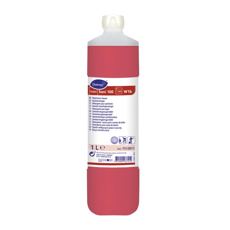 Eine 1-Liter-Flasche TASKI Sani 100 Neutraler Sanitärreiniger der Diversey Deutschland GmbH & Co. OHG hat einen weißen Verschluss, einen roten Korpus und ein weißes Etikett mit Produktdetails und mehrsprachiger Gebrauchsanweisung für die hygienische Sanitärreinigung.