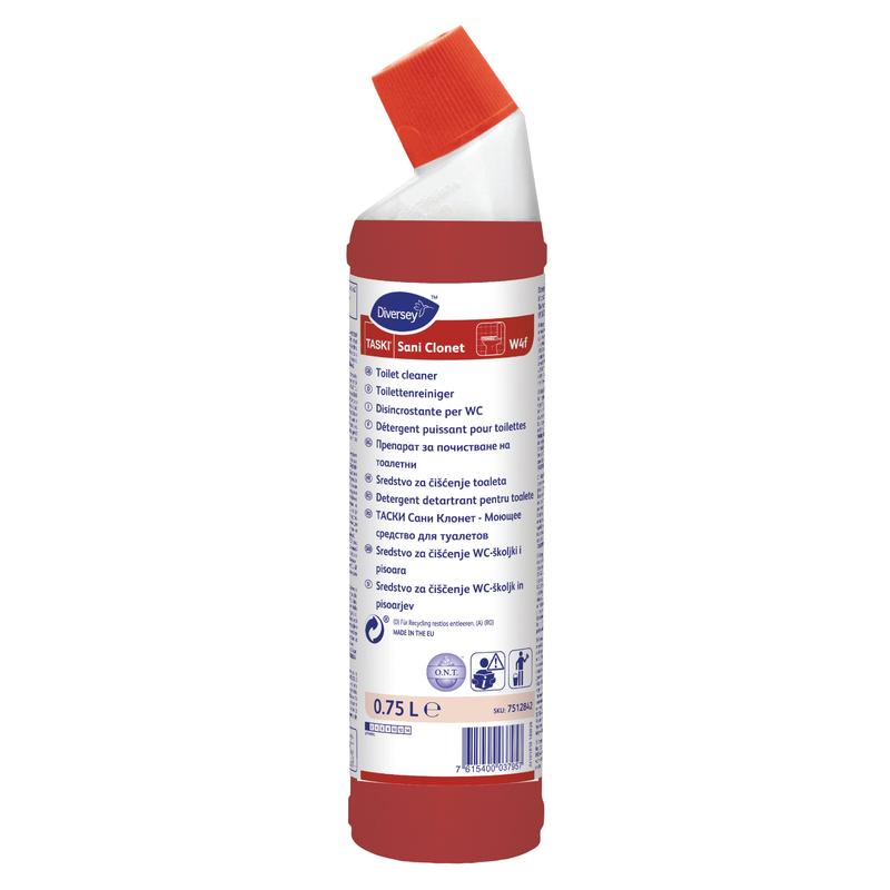 Eine rot-weiße 750-ml-Flasche TASKI Sani Clonet WC-Reiniger von Diversey, gebrauchsfertig auf Basis von Zitronen- und Sulfaminsäure, mit gekipptem Ausguss und mehrsprachigem Etikett.